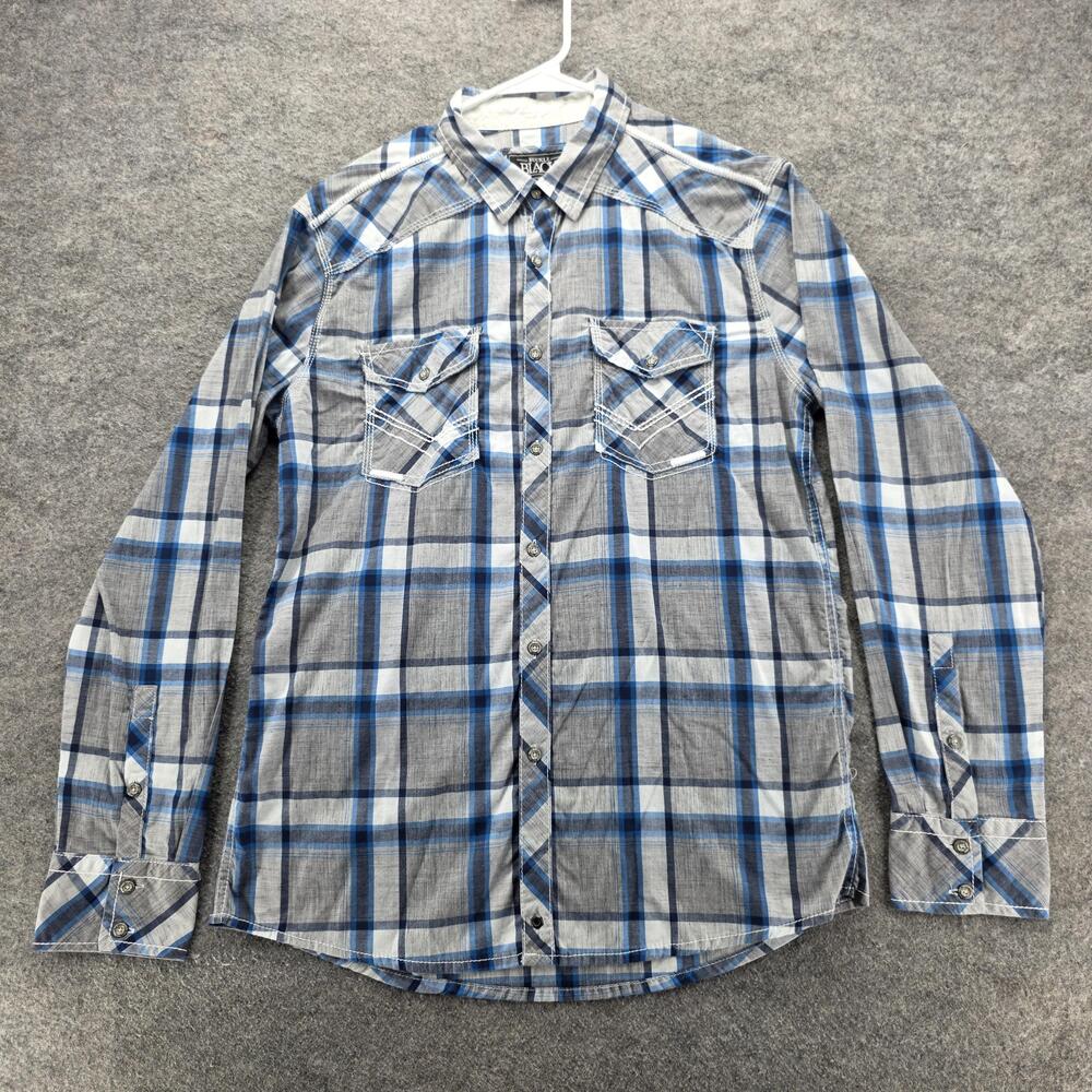 Buckle Black Shirt Mens Medium Blue Gray Plaid Athletic Fit Western Button Down